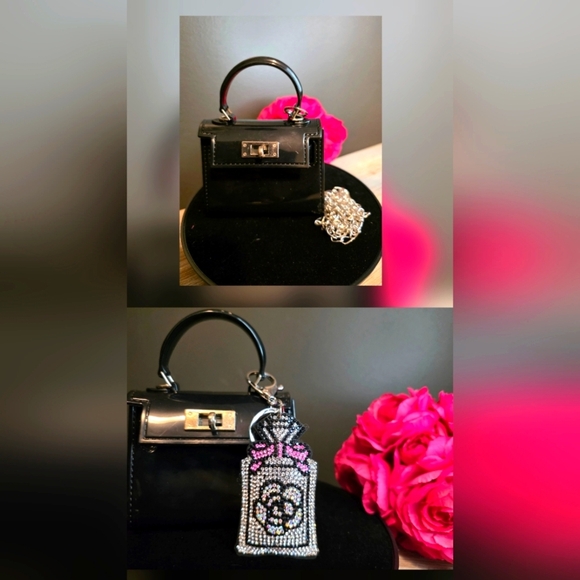 Mini Black Crossbody Handbag – Glossy Finish with Silver Chain with Bag Charm - Picture 1 of 2